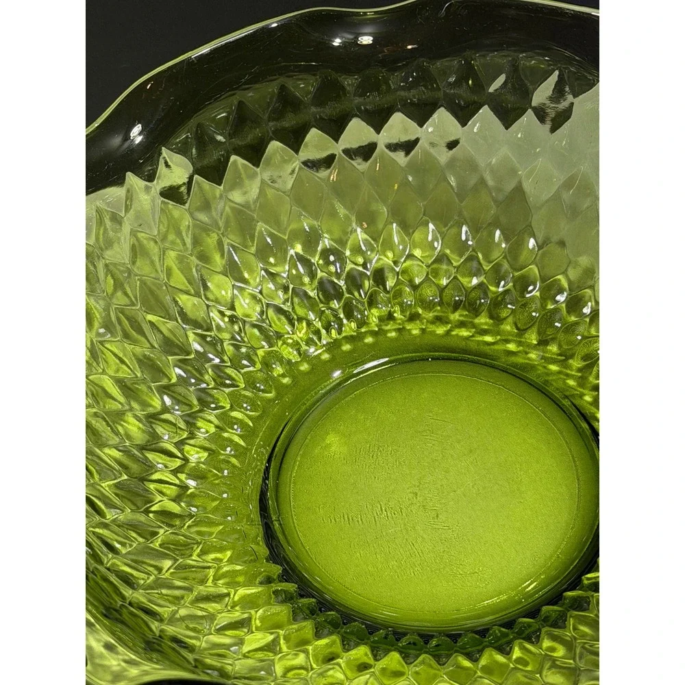Vintage Indiana Glass Avocado Green Diamond Point Ruffled Serving Bowl Set of 2